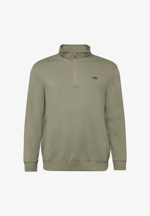 Pull-over à manches longues vert olive clair avec col demi-zip et petit logo rectangulaire sur la poitrine gauche.