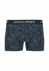 Herren Boxershorts in Dunkelblau mit grünem und lila Blattmuster. Der schwarze Bund trägt das Logo "JACK & JONES" in Weiß. Weiches, dehnbares Material.