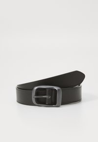 Ceinture en cuir noir avec une finition lisse, dotée d'une boucle en métal argenté texturée et d'un design classique.