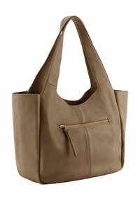 Borsa tote in pelle marrone dal design morbido, con una tasca frontale con zip, due manici robusti e una texture liscia.