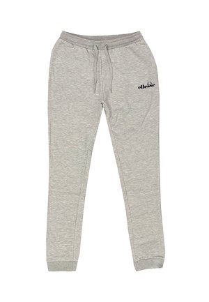 Hellgraue Jogginghose mit elastischen Bündchen, einem Kordelzugbund, Seitentaschen und dem "ellesse"-Logo am oberen linken Oberschenkel.