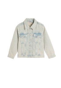 Giacca di jeans azzurro chiaro con chiusura a bottoni, due tasche sul petto e colletto classico. Presenta dettagli cuciti e maniche lunghe.