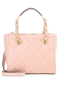 Quilted pink leather handbag with gold chain accents, dual handles, and an adjustable strap. Features a rectangular shape and contrasting stitching.