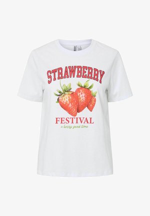 T-shirt en coton blanc avec un motif de fraises, du texte rouge indiquant "FESTIVAL DE FRAISES" et du texte vert disant "un moment délicieux".