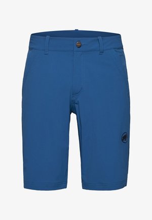 Blauwe knielange shorts met lussen voor een riem, knoopsluiting aan de voorkant, zijzakken en een klein zwart logo op de linker dij.