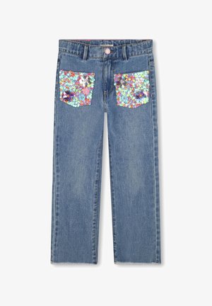 Blå denim bukser med forlommer dækket af flerfarvede palietter og blomsterudsmykninger, lige ben og knaplukning.