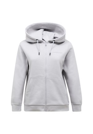 Lichtgrijze dames hoodie met ritssluiting, voorzakken, capuchon met trekkoord en een subtiel "Peak Performance"-logo op de borst.