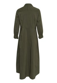 Olive green long-sleeve dress with slim collar, gathered cuffs, and flowing silhouette. Made from lightweight fabric with a smooth texture.