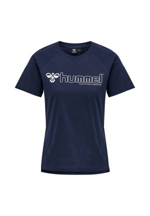Marineblaues T-Shirt mit kurzen Ärmeln und rundem Ausschnitt, mit weißem "hummel"-Logo und dem Slogan "Change the world through sport" auf der Vorderseite.