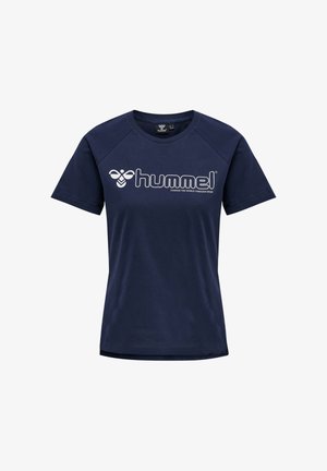 Marineblaues T-Shirt mit kurzen Ärmeln und rundem Ausschnitt, mit weißem "hummel"-Logo und dem Slogan "Change the world through sport" auf der Vorderseite.
