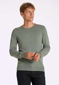 Grüner Pullover mit strukturiertem Strick, Rundhalsausschnitt und gerippten Bündchen. Getragen über schwarzen Hosen. Subtile Logodetails auf der Brust.