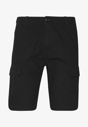 Pantaloni cargo neri con taglio dritto, dotati di due tasche laterali, cuciture a contrasto e chiusura a bottone in vita.