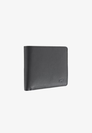 Portafoglio in pelle nera con superficie testurizzata, design pieghevole e dettaglio del logo in rilievo nell'angolo in basso a destra.