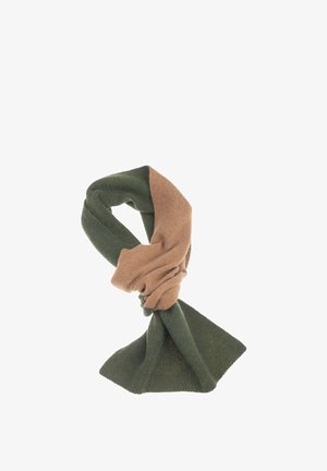 Knit scarf featuring a two-tone design in green and tan, with a smooth texture and a twisted style, draping elegantly.