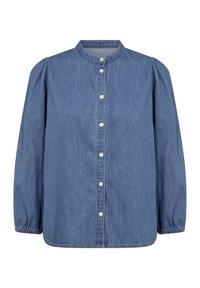 Jeansskjorta i ljusblått med hög krage, knappstängning fram, långa puffärmar och elastiska manschetter. Slät textur.