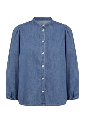 Cămașă din denim de culoare bleu deschis, cu guler înalt, închidere cu nasturi în față, mâneci lungi și bufante, și mansete elasticizate. Textură netedă.