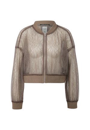 Beige sheer lace bomber jacket with front zipper, ribbed collar, cuffs, and hem, size 36 branded QS Love Club.