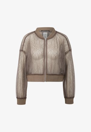 Beige durchsichtige Spitzen-Bomberjacke mit Frontreißverschluss, geripptem Kragen, Bündchen und Saum, Größe 36, Marke QS Love Club.