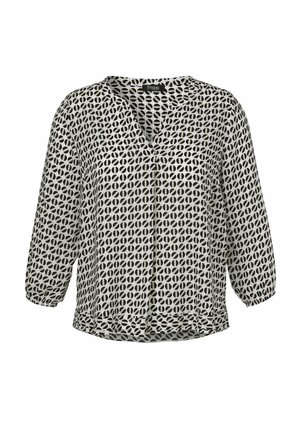 Schwarz-weiße, geometrisch gemusterte Langarm-Bluse mit V-Ausschnitt, elastischen Bündchen und lockerer Passform.