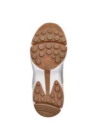 Suola di una sneaker con una base bianca e una suola esterna in gomma marrone. Presenta motivi di grip circolari e un logo impresso al centro.