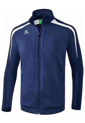 Marineblå sportstrøje med lynlås, hvide skulderstriber, høj krave og Erima-logo på venstre bryst.