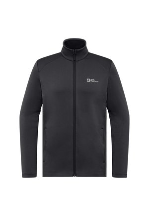 Black fleece jacket with a zip front, high collar, and long sleeves. Features a textured surface and a logo on the left chest.