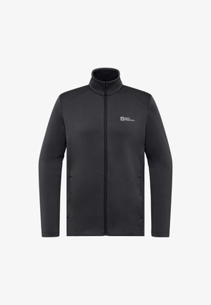 Giacca in felpa nera con zip frontale, colletto alto e maniche lunghe. Presenta una superficie texturizzata e un logo sul lato sinistro del petto.