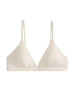 White crochet bralette with a triangular shape, adjustable thin straps, textured fabric, and a wide underband. No additional embellishments.