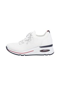 White sneaker with a breathable mesh upper, round laces, air-cushioned sole, black outsole, and red accent bands on the side.