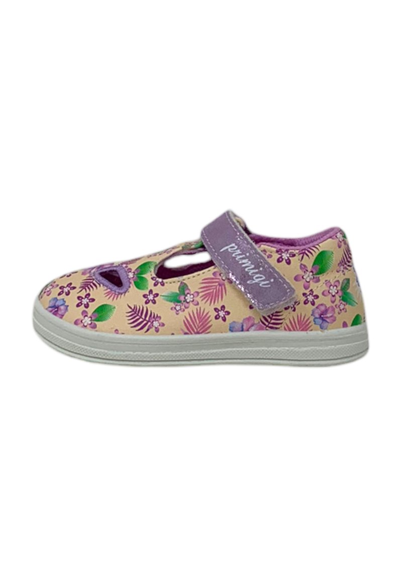 Scarpa per bambini floreale con una morbida fascia viola, base beige chiaro, intagli e motivi floreali multicolori all'esterno.