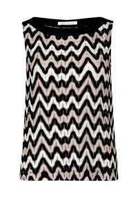Ärmelloses Oberteil mit einem Zickzackmuster in Schwarz, Weiß und Beige. Hergestellt aus leichtem Material mit einem Rundhalsausschnitt und einer glatten Textur.