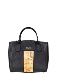 Borsa a mano nera strutturata con finitura testurizzata, caratterizzata da un pannello centrale beige con mappa e dettagli in logo dorato. Manici doppi in cima.