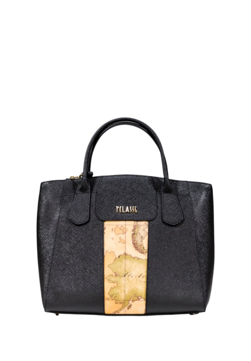 Borsa a mano nera strutturata con finitura testurizzata, caratterizzata da un pannello centrale beige con mappa e dettagli in logo dorato. Manici doppi in cima.