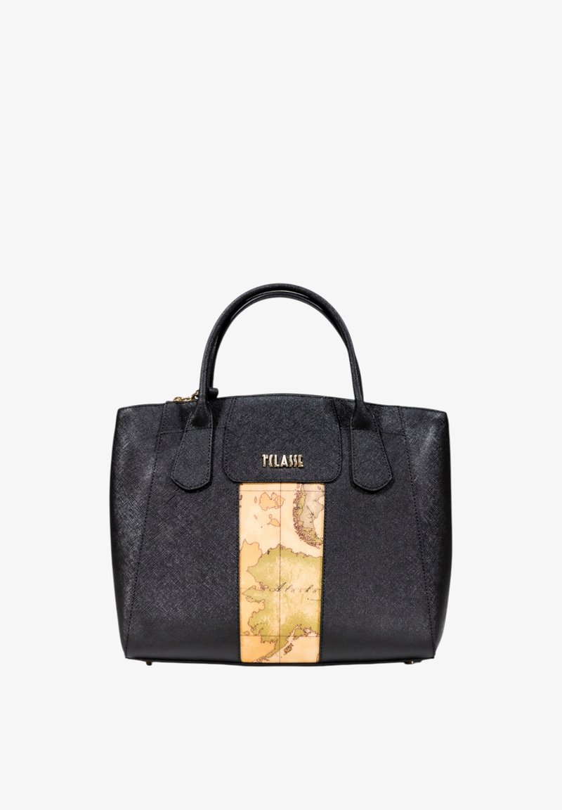 Borsa a mano nera strutturata con finitura testurizzata, caratterizzata da un pannello centrale beige con mappa e dettagli in logo dorato. Manici doppi in cima.