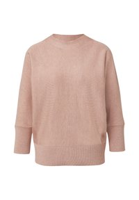 Jasnoróżowy sweter wykonany z miękkiego materiału dzianinowego, z dekoltem w kształcie litery V, opuszczonymi ramionami i rękawami o długości trzy czwarte.