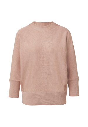 Light pink sweater made of a soft knit material, featuring a v-neckline, dropped shoulders, and three-quarter length sleeves.