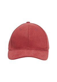 Casquette de baseball en velours côtelé rouge avec une visière incurvée, design à six panneaux, et un détail cousu au sommet. Sangle ajustable à l'arrière.