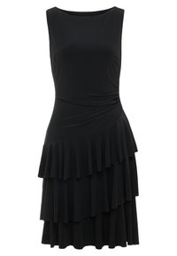 Svart utan ärm klänning gjord av mjukt tyg, med en åtsittande överdel och lager av volanger vid kjolen, som ger en flödande silhuett.