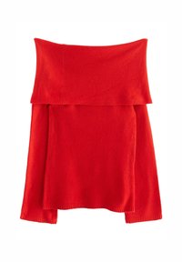 Rød uldtrøje med en bred, foldet halsudskæring og lange ærmer. Stoffet har en blød tekstur og en løs, let oversized pasform.