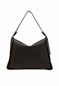 Borsa a tracolla in pelle marrone scuro con forma geometrica, dotata di corpo strutturato, tracolla singola e tasca frontale a scomparsa.