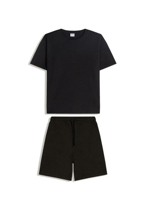 Black short-sleeve crew neck T-shirt paired with black drawstring shorts, laid flat on a white background.