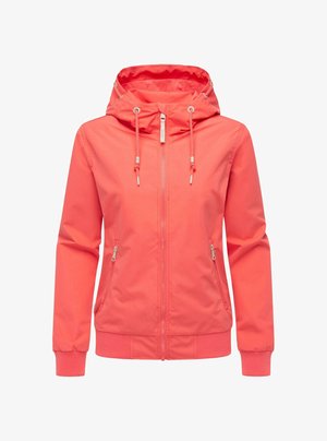 Veste à capuche de couleur corail avec fermeture éclair frontale, capuche à cordon de serrage, deux poches latérales zippées et poignets et ourlet côtelés.
