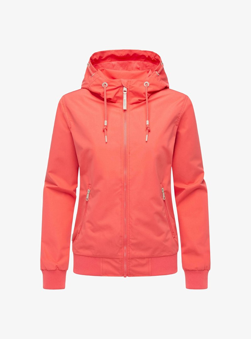 Giacca con cappuccio color corallo con cerniera frontale, cappuccio con coulisse, due tasche laterali con zip e polsini e orlo a costine.