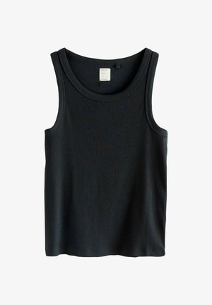 Juodas šonkačių tipo tankų marškinėliai su apvaliu kaklu ir plačiomis petnešėlėmis. Medžiaga atrodo minkšta ir elastinga, su tvarkingu, paprastu dizainu.