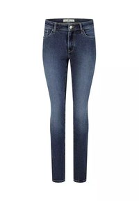 Ciemnoniebieskie dżinsy slim fit z przodu zapinane na guzik i zamek, pięć kieszeni oraz delikatne wyjaśnienia na udach i kolanach.