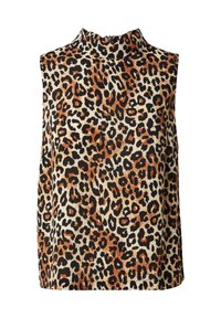 Ärmelloses Oberteil mit hohem Kragen, aus einem weichen Stoff mit beigem Hintergrund und einem Leopardenmuster in Schwarz- und Orangetönen.