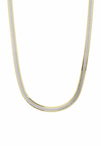 Een ketting van goud en zilver met een platte, dubbele draadontwerp. Bevat een gladde textuur en een gepolijste afwerking.