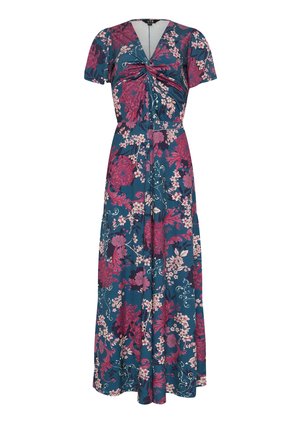 Teal maxikjole med korte ærmer, snoet knudedetalje ved V-hals, med store lyserøde og hvide blomsterprint.