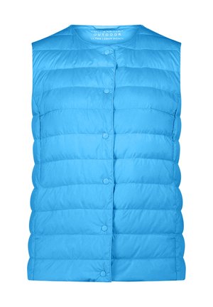 Blauwe mouwloze puffer-vest met drukknopen en horizontale doorgestikte lijnen, aangeduid als ultralicht dons voor gebruik buitenshuis.