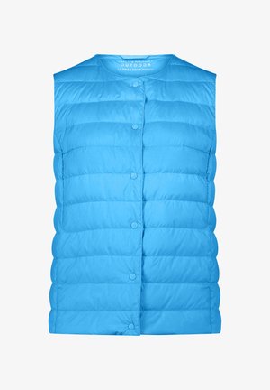 Niebieska bezrękawnikowa kamizelka puchowa z zatrzaskami i poziomym pikowaniem, oznaczona jako ultra lekka puchowa do użytku na zewnątrz.